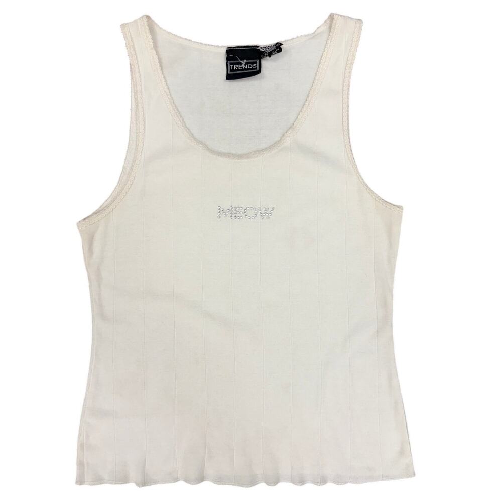 Vintage Y2K Trends "MEOW" Studded Rib Knit Tank Top Ribbed White Cotton